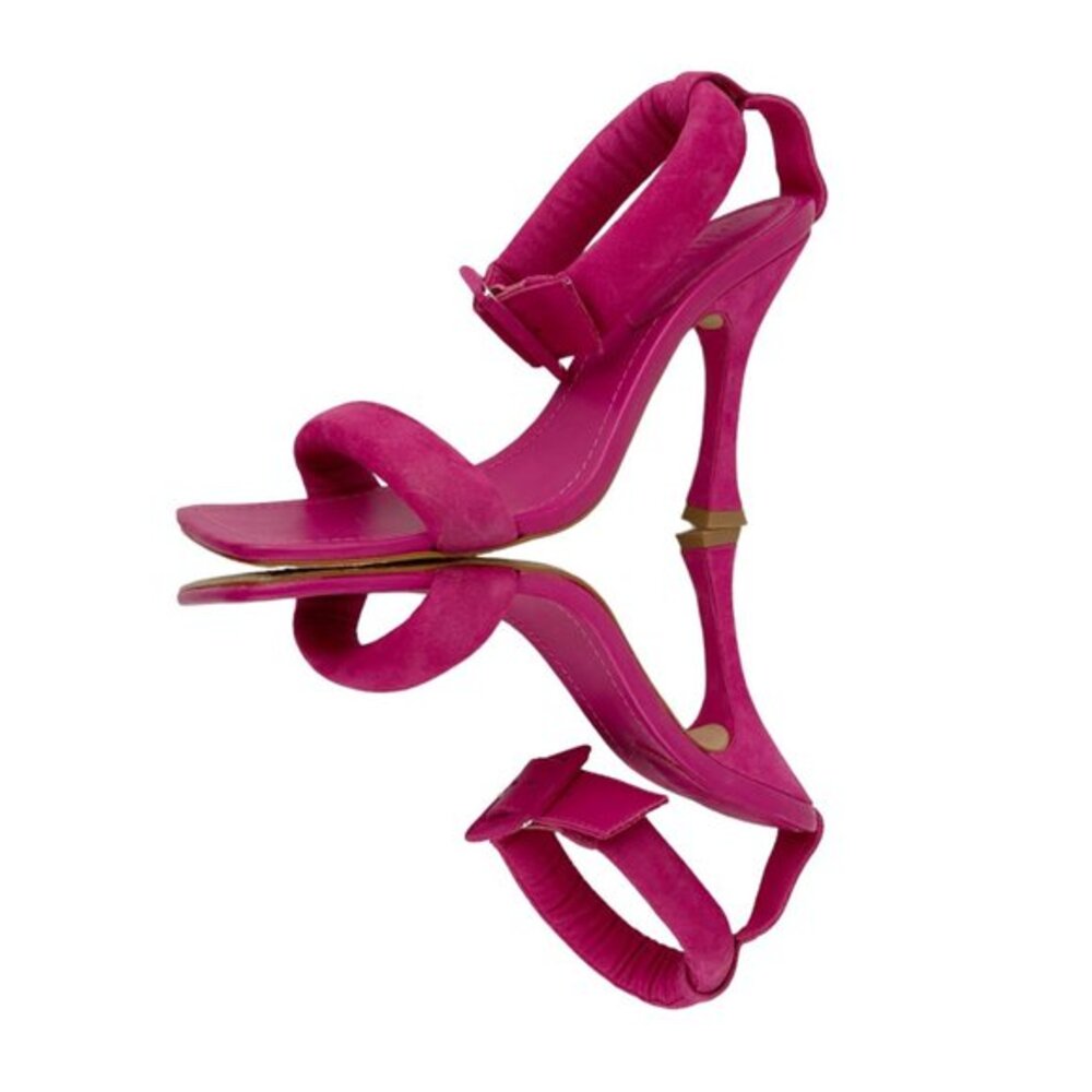 Schutz Gigih Nubuck Heel Sandal Hot Pink Size 7.5 Square Toe Leather Ankle Strap - Picture 4 of 8